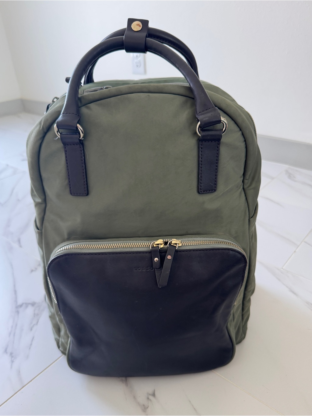 Lo & Sons Rowledge Olive Green Backpack With Brown Leather Accents